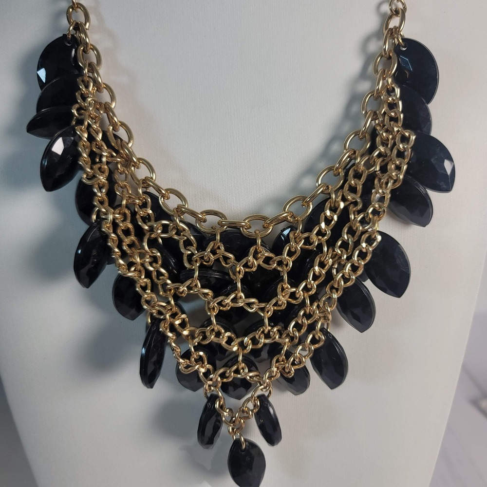 Black‎ Bib Statement Necklace Gold Tone Multi Strand Faceted Marquise Petal Drop - Picture 4 of 6